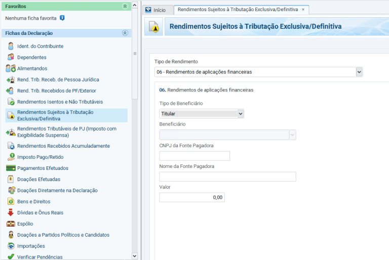 selecione o campo “Rendimentos Sujeitos à Tributação Exclusiva/definitiva