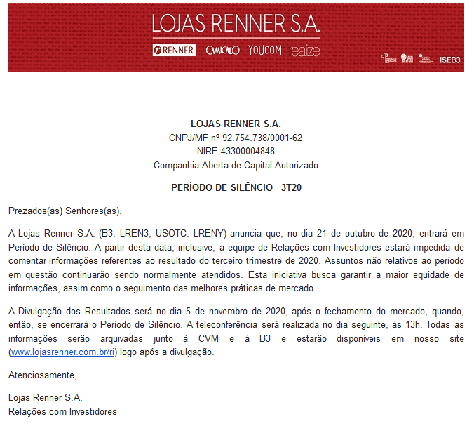 Exemplo de anúncio de período de silêncio da Lojas Renner (LREN3) em outubro 2020