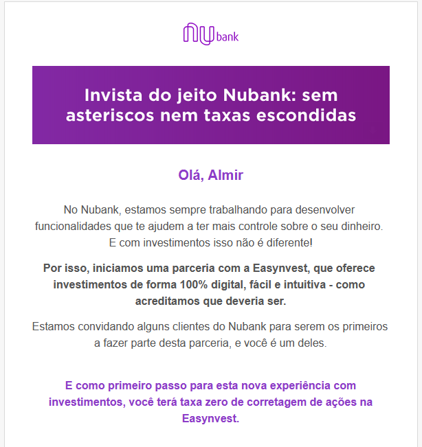 Convite do Nubank para investir pela Easynvest sem taxas