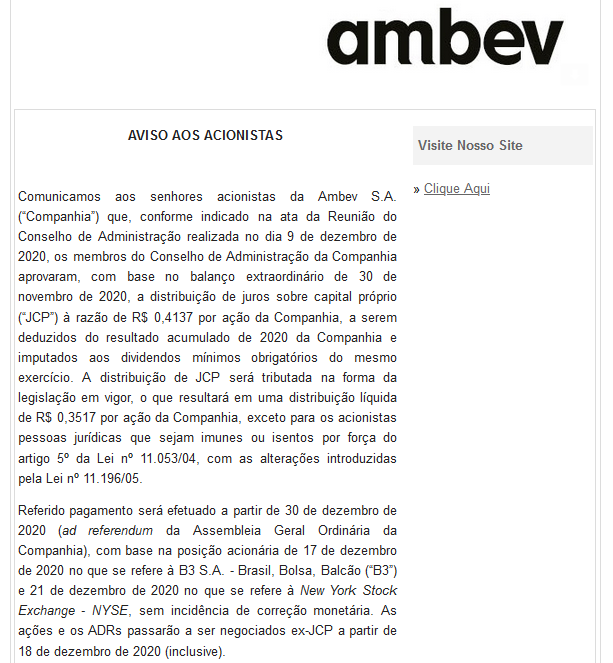 Exemplo de comunicado aos acionistas da Ambev sobre a distribuição de juros sobre o capital próprio - Fonte: Ambev