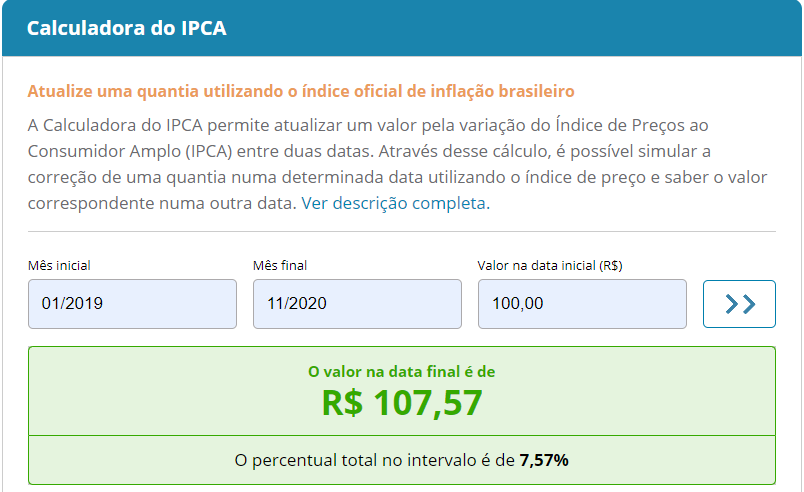 Inflação acumulada de janeiro de 2019 a novembro de 2020 - Fonte: IBGE