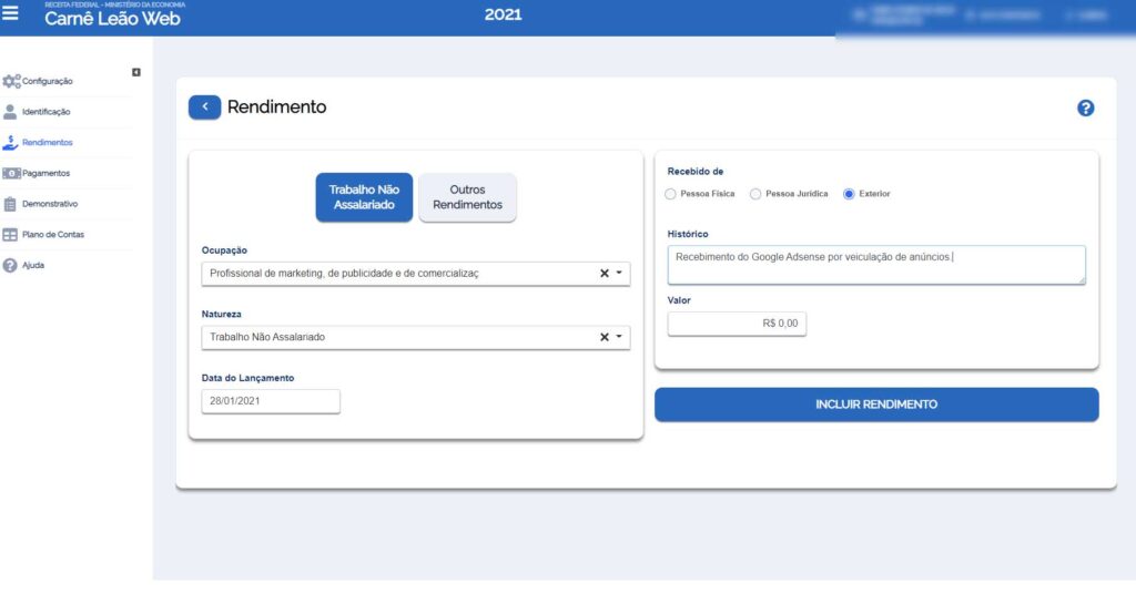 Adição de rendimentos