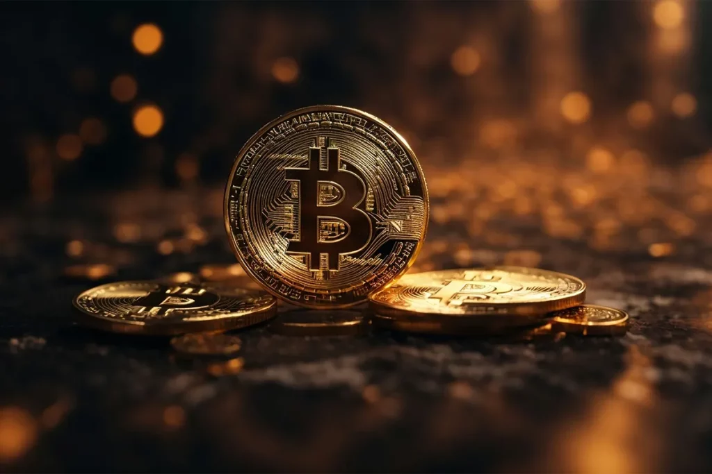 Moeda física representando o Bitcoin sobre uma superfície escura iluminada, com detalhes dourados e fundo desfocado.