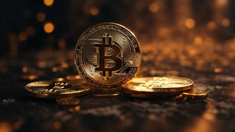 Moeda física representando o Bitcoin sobre uma superfície escura iluminada, com detalhes dourados e fundo desfocado.