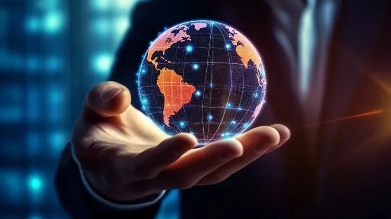 Homem de terno segurando holograma digital do globo terrestre com destaque para América do Sul, representando economia global e tecnologia.