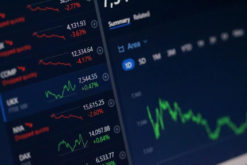 Interface de plataforma financeira exibindo variações de índices de mercado, com gráficos em vermelho e verde e dados de desempenho