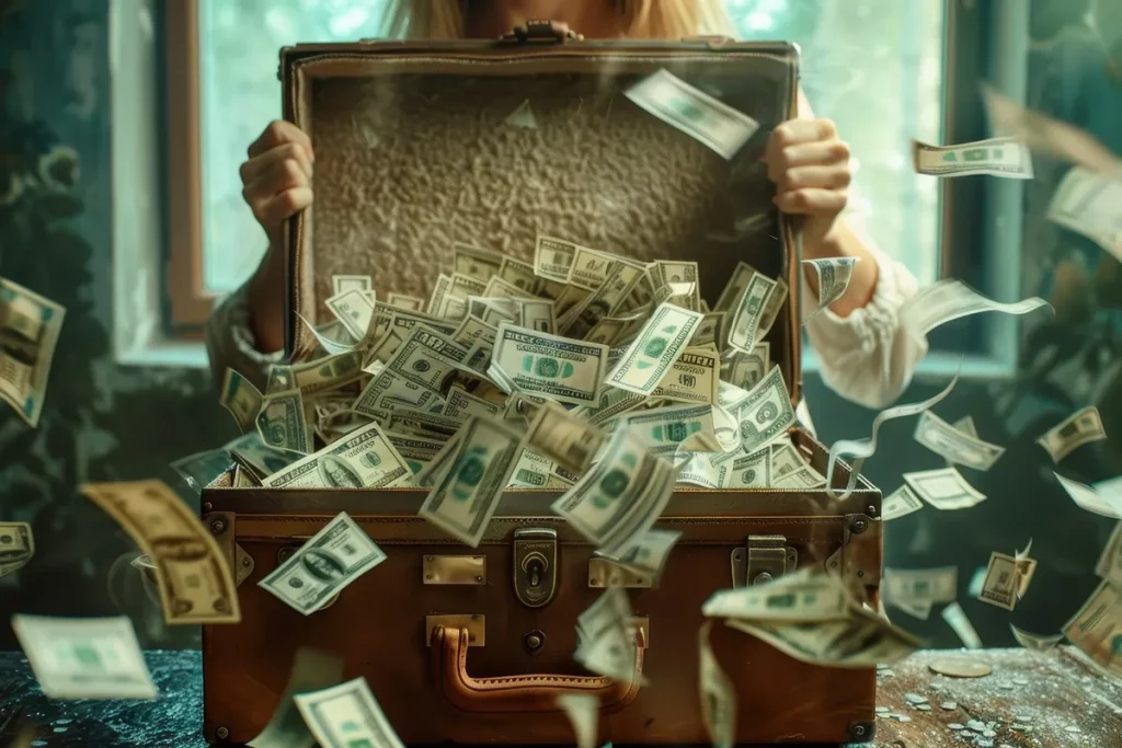 Mala aberta cheia de cédulas de dólar com notas voando pelo ar, simbolizando riqueza, fortuna e crescimento financeiro.