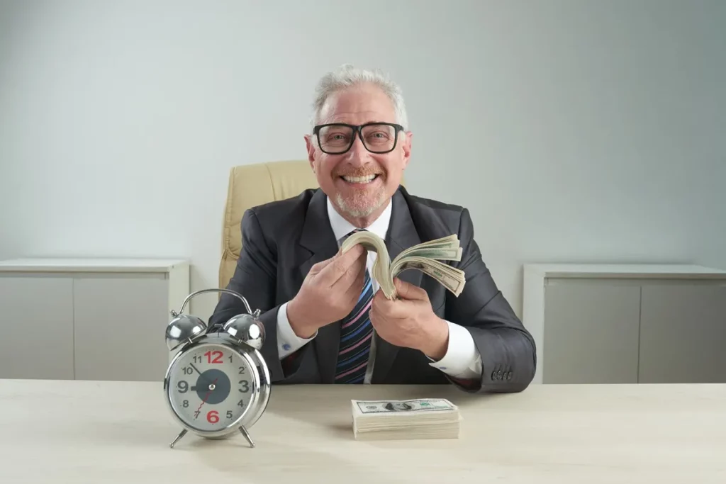 Homem sorridente de terno contando maços de dinheiro sentado à mesa, com despertador metálico ao lado, simbolizando rendimento financeiro ao longo do tempo.
