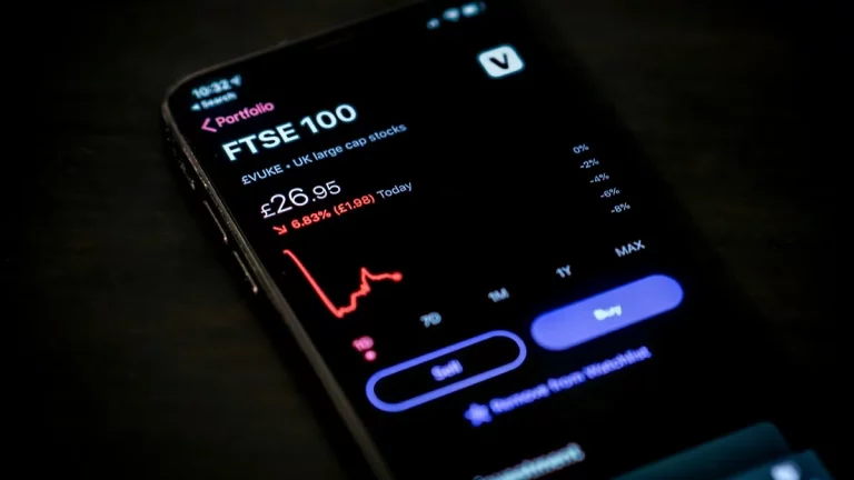 Tela de smartphone exibindo gráfico em queda do índice FTSE 100 com valor de £26.95, indicando variação negativa de 6,83%