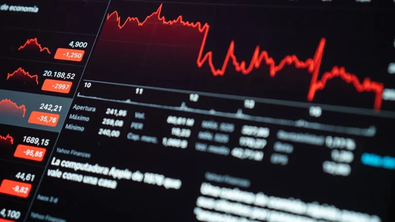 Tela de computador mostrando gráficos de ações com flutuação negativa, destacando uma queda no valor do mercado.