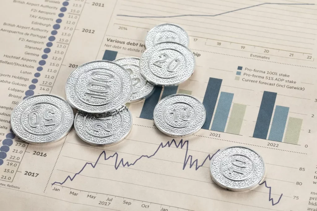 Moedas dispostas sobre um gráfico econômico, ilustrando dados financeiros e projeções de crescimento.