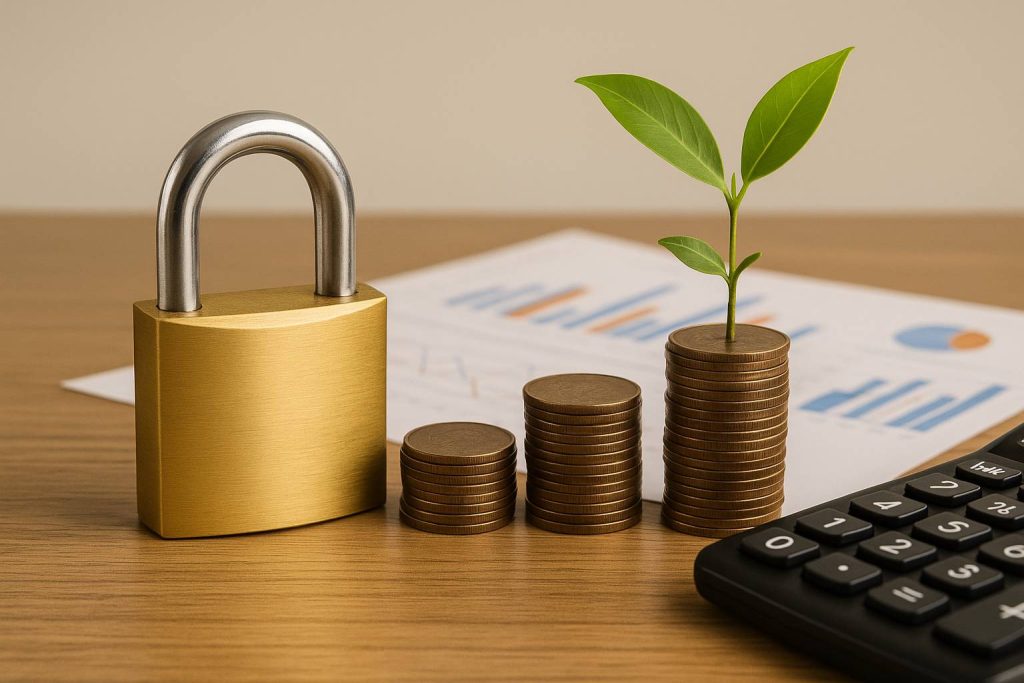 Pilhas de moedas com planta crescendo, cadeado dourado e calculadora sobre mesa de madeira, simbolizando segurança financeira, crescimento e planejamento de investimentos em 2025.