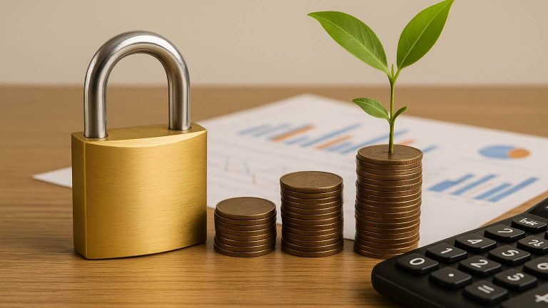 Pilhas de moedas com planta crescendo, cadeado dourado e calculadora sobre mesa de madeira, simbolizando segurança financeira, crescimento e planejamento de investimentos em 2025.