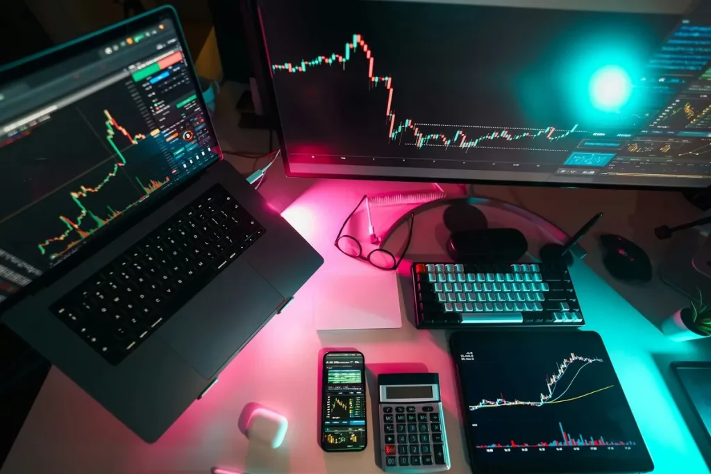 Estação de trabalho com múltiplas telas exibindo gráficos de ações e criptomoedas, ideal para análise técnica e avaliação do Índice de Sharpe em investimentos de alto desempenho.