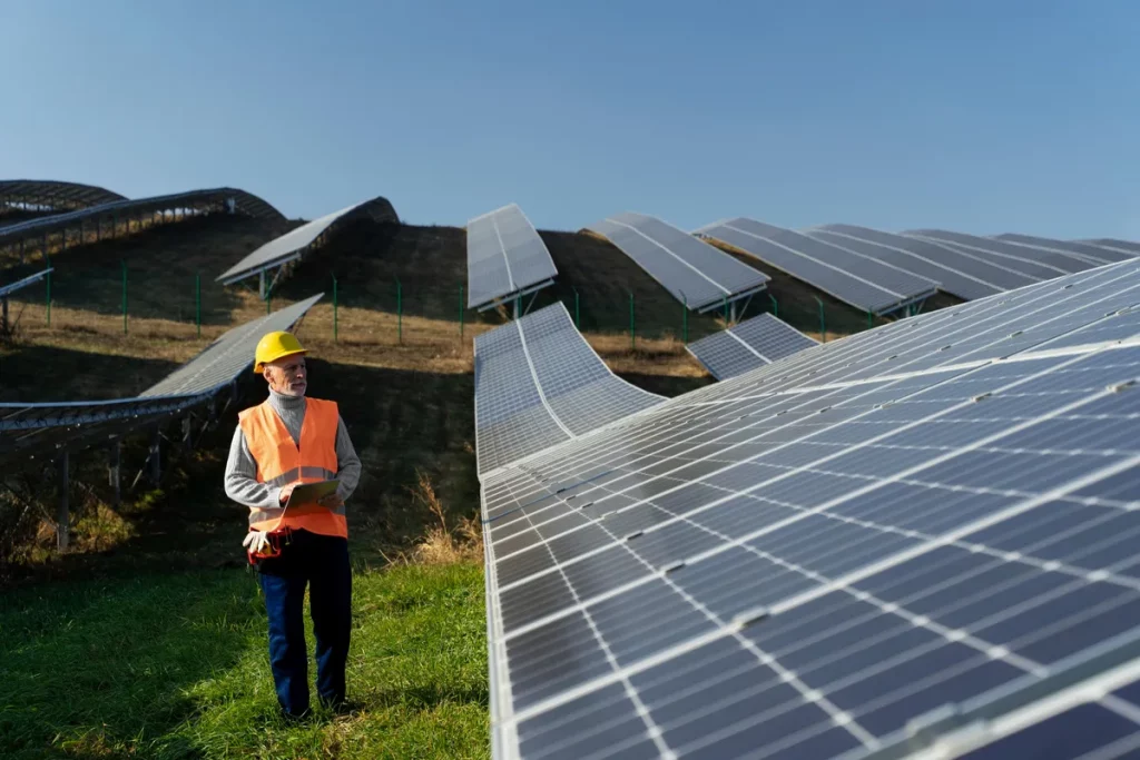 Técnico com capacete e colete de segurança inspeciona painéis solares em área montanhosa.