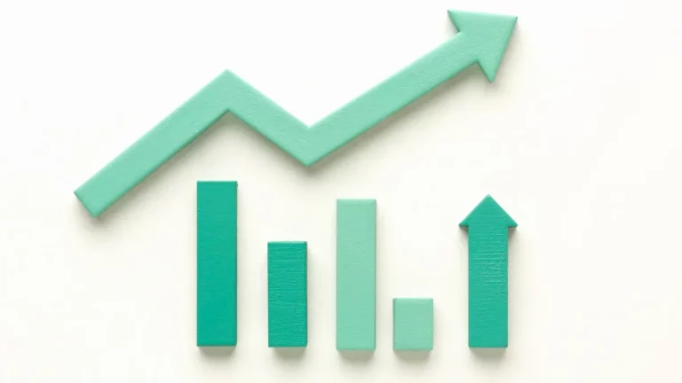 Gráfico ilustrado com barras e setas apontando para cima, simbolizando o aumento do índice Sharpe e o crescimento financeiro