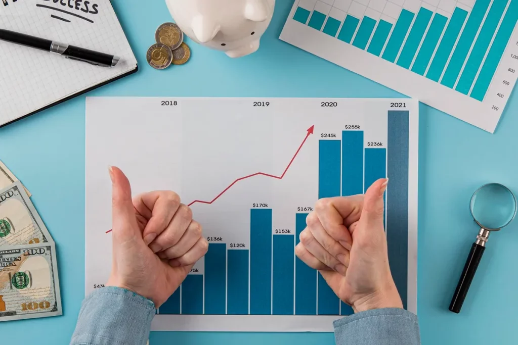 Gráfico de barras com crescimento de investimentos de 2018 a 2021, notas de dinheiro, moedas e uma mão fazendo sinal de 'thumbs up' ao lado