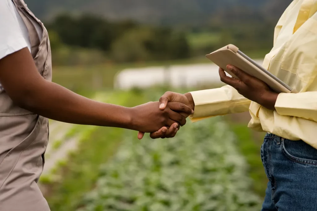 Aperto de mãos entre duas pessoas em uma plantação