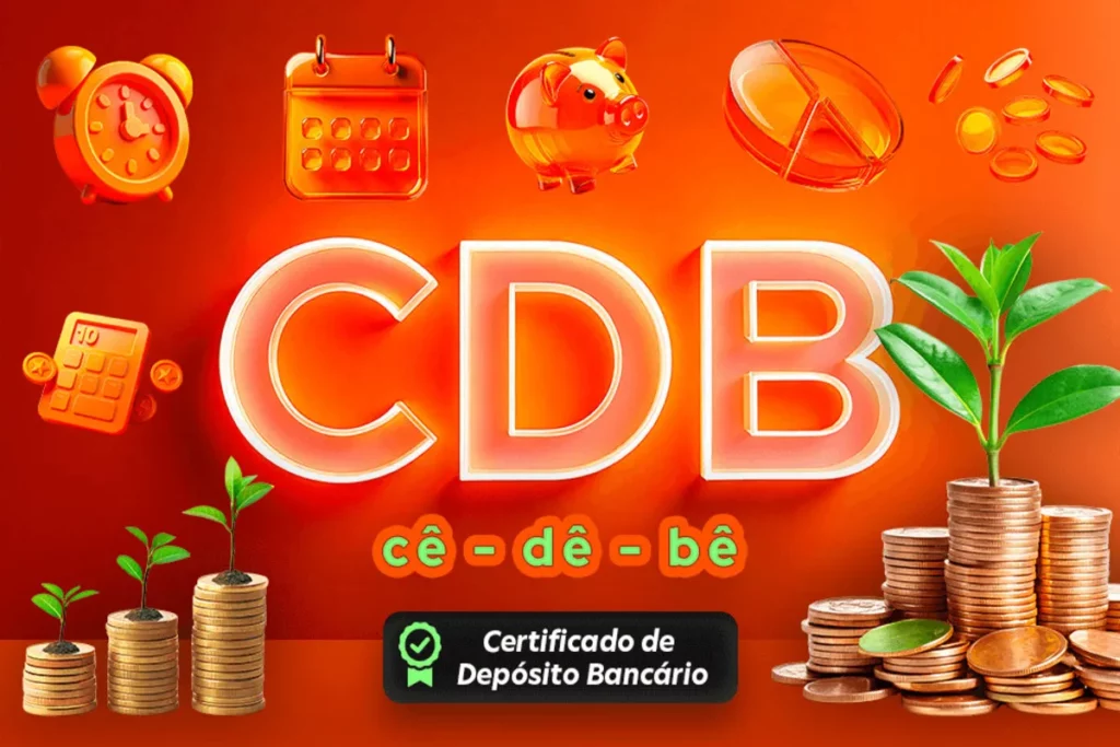 Infográfico vibrante sobre CDB para investir, com elementos como moedas, cofrinho, calendário, relógio e plantas crescendo em pilhas de moedas, simbolizando crescimento financeiro.