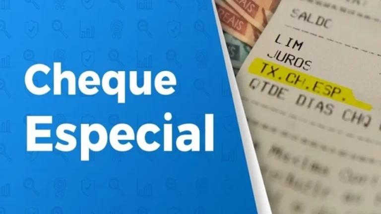 Tela azul com "Cheque Especial" escrito e parte de um extrato bancário mostrando "TX.CH.ESP." e notas de Reais.