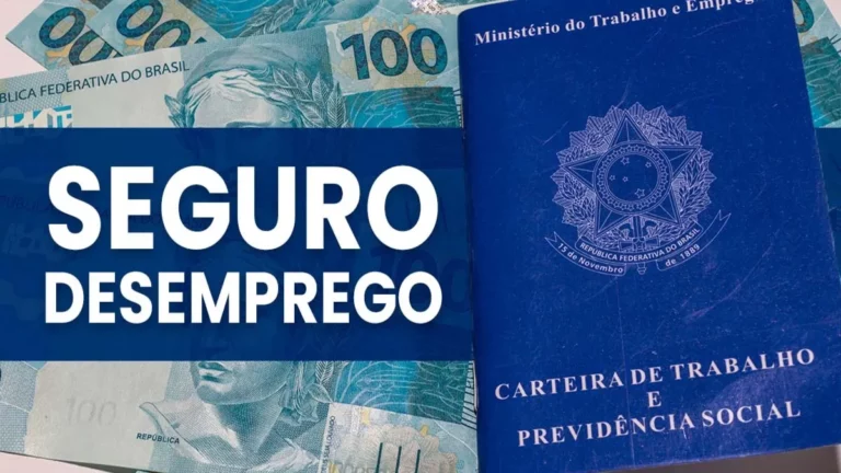 Seguro-desemprego escrito em destaque, carteira de trabalho, notas de R$ 100, direito do trabalhador.