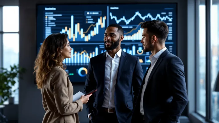 Três executivos — uma mulher de blazer bege e dois homens de terno escuro — conversam em um escritório moderno, com uma grande tela de LED ao fundo exibindo gráficos financeiros e dashboards de análise de dados.