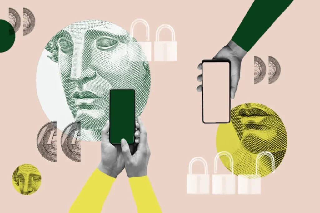 Uma ilustração conceitual com tons pastéis e elementos digitais que representa o DREX (Real Digital). A imagem apresenta o rosto da efígie do real brasileiro e moedas sobrepostas. Mãos seguram smartphones, e cadeados brancos simbolizam a segurança e privacidade das transações com o DREX.