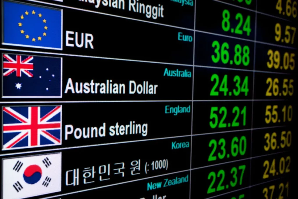 Uma exibição digital mostra taxas de câmbio de várias moedas globais, incluindo Euro, Dólar Australiano, Libra Esterlina e Won Sul-Coreano, com suas respectivas bandeiras e valores numéricos em verde e laranja.