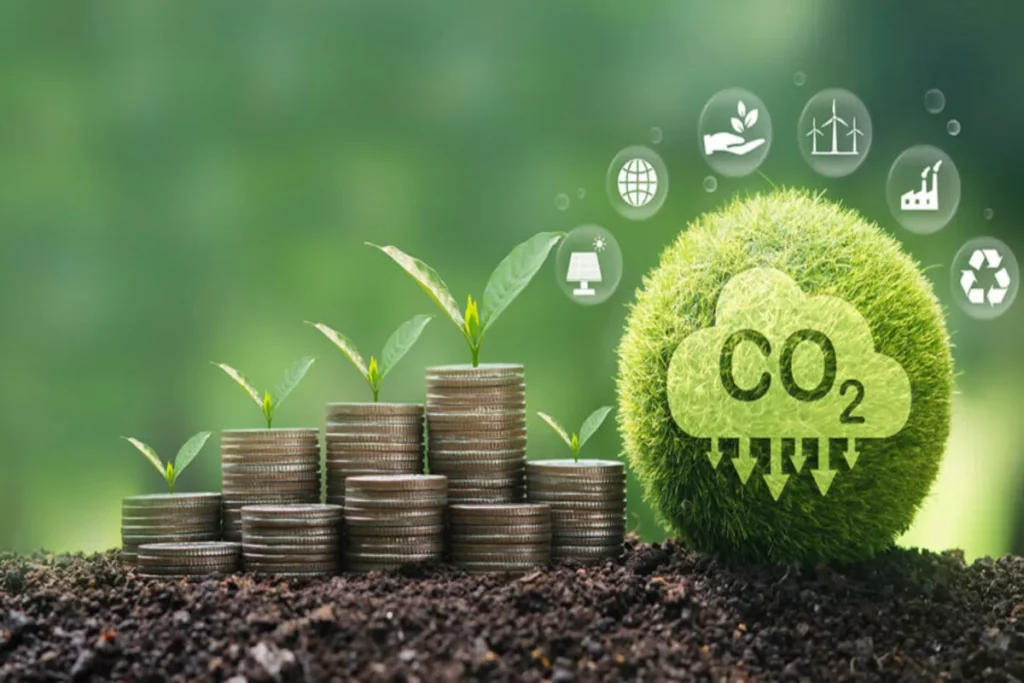 Representação de pilhas de moedas com mudas crescendo e uma esfera de musgo com o símbolo de $\text{CO}_2$, ilustrando o investimento e a compensação no mercado de carbono.