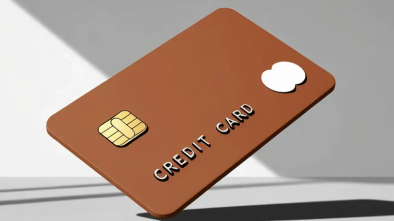 Cartão de crédito marrom com chip dourado e inscrição “credit card” sobre superfície clara.
