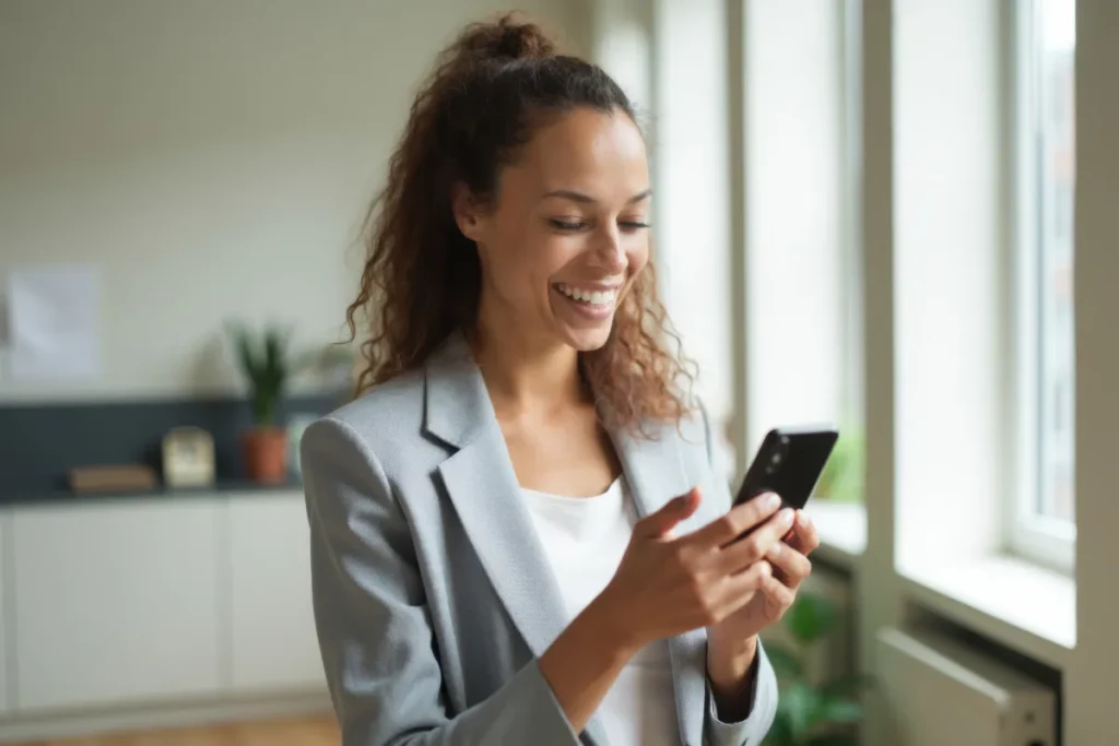 Mulher sorrindo enquanto utiliza o smartphone em um ambiente interno próximo a uma janela.