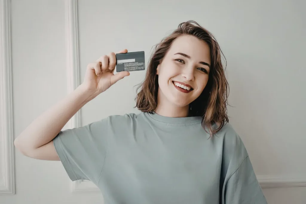 Mulher sorrindo, segurando um cartão do lado da cabeça