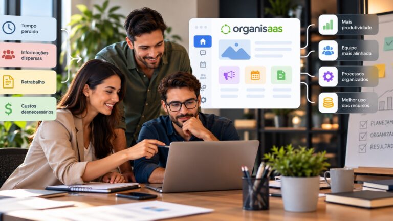 Equipe utilizando o Organisaas para organizar processos internos, melhorar a produtividade e reduzir a desorganização nas pequenas empresas.